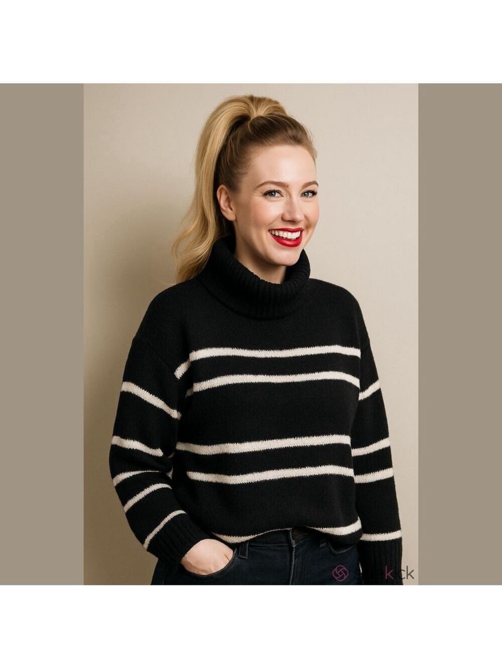 Grace and Karma Black and White Turtleneck Sweater XL